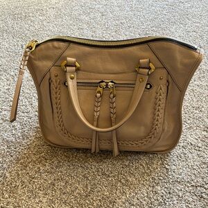 orYANY tan “Sarah” pebble leather braided satchel